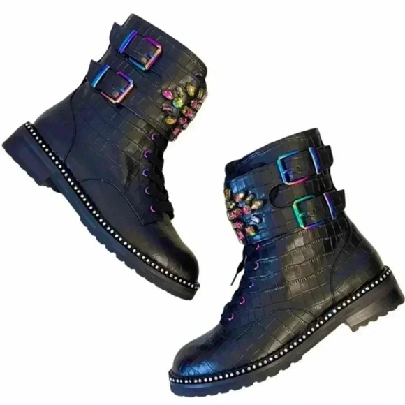 RARE NWT Kurt Geiger London Stoop Rainbow Crystal Oil Spill Leather Combat Boots - Picture 3 of 15